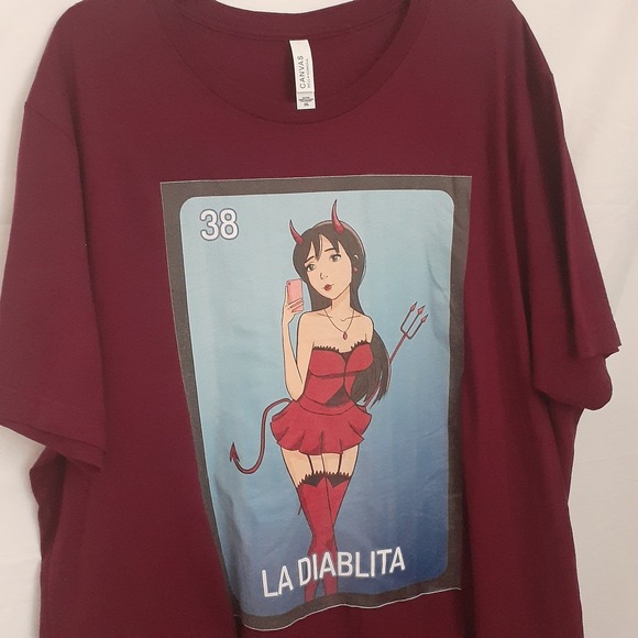 Bella + Canvas Tops - Women's La Diablita Short Sleeve Printed T-Shirt Size 2XL Maroon Bella Canvas